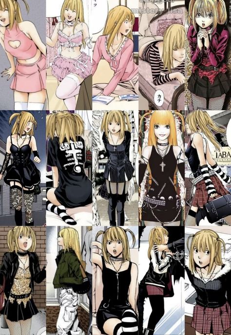 Misa Amane All Outfits, Misa Amane Outfits Manga, Misa Amane Pink Outfit, Deathnote Misa Cosplay, Misa Amane Fashion Aesthetic, Misa Aname Outfit, Nana Outfits Manga, Misa Amane Outfit Ideas, Misa Amane Style Outfits