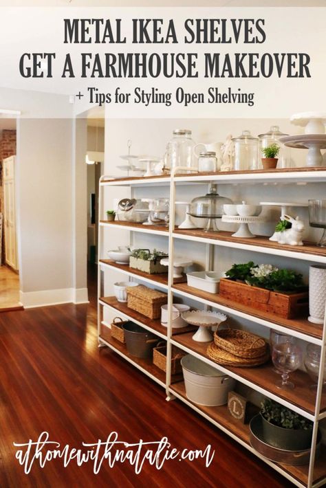 Dining Room Shelving, Kitchen Shelving Unit, Ikea Shelving, Ikea Shelving Unit, Shelf Makeover, Farmhouse Makeover, Dining Room Shelves, Metal Shelving Units, Pantry Shelving