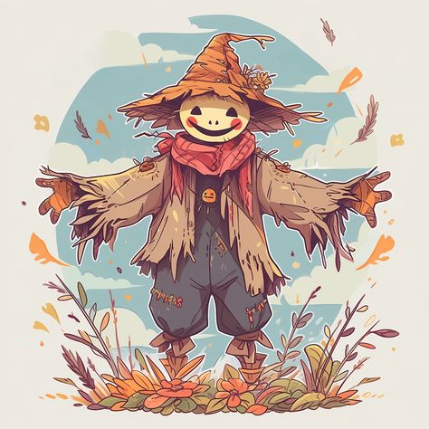 🌤 A smiling scarecrow surrounded by fall leaves against a blue sky and white clouds, featuring warm earthy tones and vibrant orange.    The character mentioned in this story is available in a variety of items currently available in my InkedBeasts RedBubble shop. See Link in bio for details! #SmilingScarecrow #BlueSky #EarthyTones Scarecrow Drawing, Big Art, White Clouds, Vibrant Orange, Fall Leaves, Scarecrow, Earthy Tones, Tattoo Drawings, Art For Sale