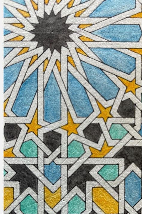 20208.25" x 8.25"pen & watercolor on paper Travel to Spain every day with this detailed, hand-crafted reproduction of tile work from the Alhambra. The magnificent Alhambra palace in Granada, Spain is considered by many to be one of the pinnacles of Islamic decorative art. My visit there in 2019 inspired me to reproduce this exquisite pattern from the Torre de la Cautiva (Tower of the Captives). I named it "Alhambra I" because I am sure I will tackle other patterns from my hundreds of photos in t Alhambra Tiles Patterns, Alhambra Palace Pattern, Islamic Decorations Art, Islamic Art Pattern Geometry, Alhambra Pattern, Alhambra Tiles, Islamic Geometric Art, Travel To Spain, Geometric Patterns Drawing