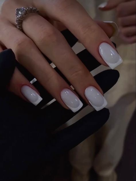 french tip manicure White On White Nails French, Ice White Nails, Short Acrylic Nails French Tip Design, White Nails With French, Ice Nails Designs, Milky White French Nails, French White Nails, Milky White French, Colored French Nails