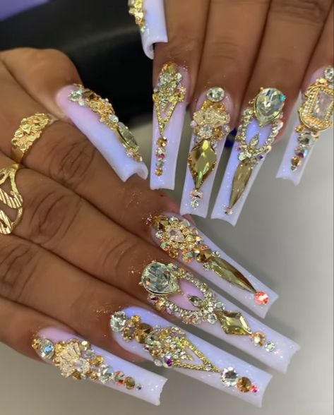 Long Gold Nails Acrylic, Rhinestone Gold Nails, Thug Nails, Gold Bling Acrylic Nails, Gold Rhinestone Nails, Gold Bling Nails, Gold Prom Nails, Blinged Out Nails, Detailed Nails