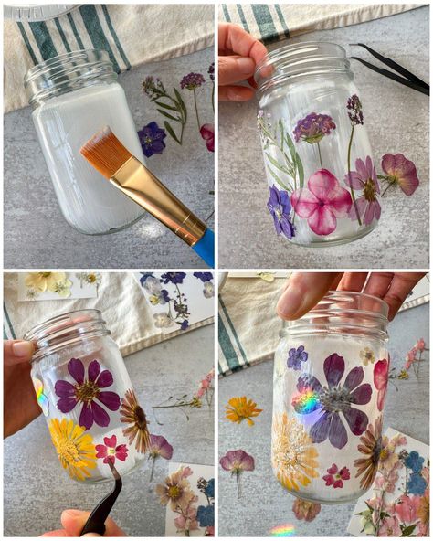 How to Make Dried Flower Candle Jar Lanterns (Pressed Flower Crafts) ~ Homestead and Chill Diy Painted Candle Jars, Diy Flower Jar, Pressed Flower Mason Jar, Dried Flower Jars Wedding, Mod Podge Dried Flowers, Diy Mod Podge Crafts, Pressed Flower Lanterns Diy, Pressed Flower Vase, Dried Flower Candle Holder