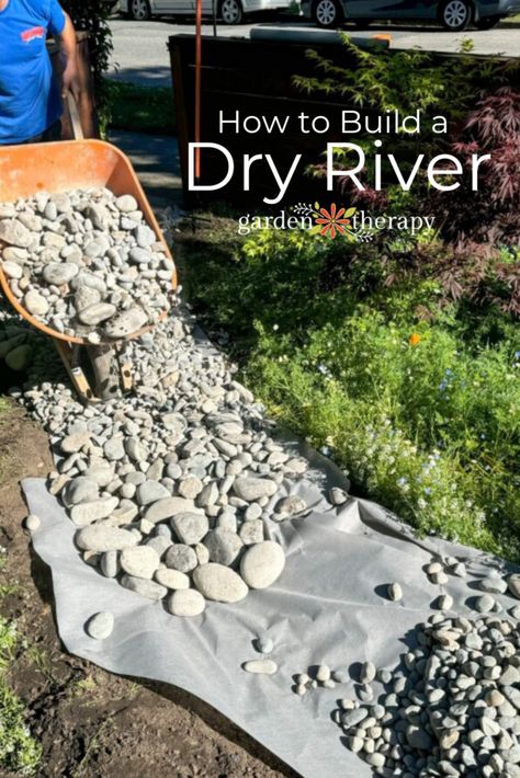 Pin image for how to build a dry river Diy Dry Creek Bed For Drainage, Dry River Bed Landscape Yard Ideas, Rainscaping Ideas, Dry Creek Bed For Drainage, Dry Stream Bed Landscaping, Dry Creek Bed Landscape, Stream Landscaping, Homesteading Goals, Rock Drainage