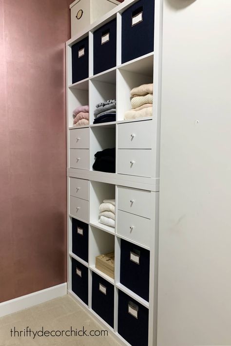 Built In Ikea Kallax Closet Storage {A Budget Friendly Hack} | Thrifty Decor Chick | Thrifty DIY, Decor and Organizing Ikea Kallax Closet, Kallax Closet, Ikea Closet Hack, Ikea Cubes, Diy Walk In Closet, Custom Closet Storage, Closet Units, Cubby Bins, Cubby Shelves