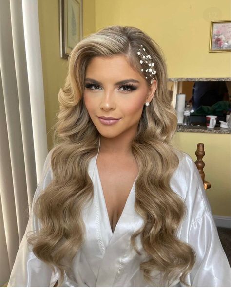 Wedding Hairstyles For Long Hair Pearls, Wedding Hair Styles With Pearls, Glam Hairstyles For Long Hair Wedding, Glam Bride Hairstyles, Bridal Blonde Hair Down, Glam Down Hairstyles, Wedding Hair Down With Hair Piece, Tucked Bridal Hair, Bridal Hair Long Sleeve Dress