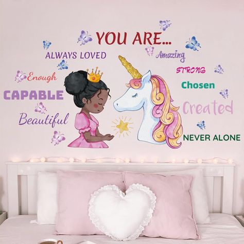 PRICES MAY VARY. Dreamy Girl Room Decor： A black princess holds a shining star in her hands, accompanied by a guardian unicorn and butterflies, guarding her dreams.The wall art stickers are perfect for girl bedroom, playroom, living room, nursery baby room,and more. Package Include: Product Size:15.7inx23.6in (40cm x 60cm) 1 sheet. designs include:black princess,unicorn,stars,butterfly and inspirational words. Reference Finished Size: 30inx16.37in (76.44cmx41.59cm). Peel and Stick: Our removable Princess Wall Stickers, Girl Wall Decals, Girls Room Unicorn, Mermaid Wall Decals, Unicorn Bedroom Decor, Unicorn Decal, Unicorn Wall Decal, Unicorn Room Decor, Girls Wall Stickers