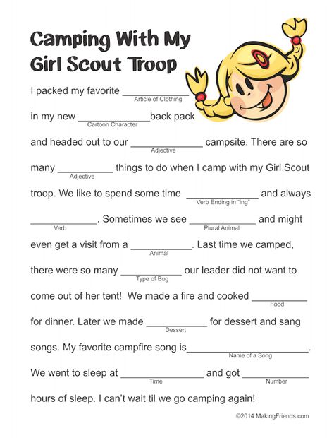 Girl Scout camping Mad LIb. Free printable available at MakingFriends.com Girl Scout Camping Activities, Camping Songs, Scout Camping Activities, Girl Scouts Games, Girl Scout Meeting Ideas, Girl Scouts Cadettes, Brownie Scouts, Camp Songs, Scout Mom