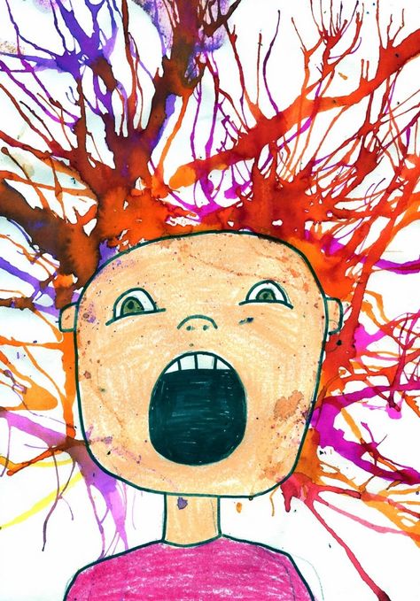 Using watercolor and straws students will blow paint around the head in their self portrait to imply a wild mind or just very crazy hair! Blow Painting Art, Blow Paint, Scream Art, Halloween Kunst, 3rd Grade Art, Art Projects For Kids, Edvard Munch, Homeschool Art, Kindergarten Art