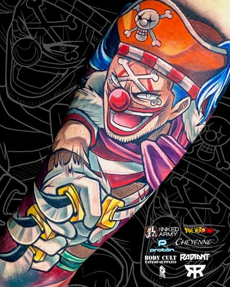 Buggy The Clown Tattoo, Buggy Tattoo, Piece Tattoo Ideas, One Piece Tattoo Ideas, Buggy The Clown, One Piece Tattoo, Clown Tattoo, One Piece Tattoos, Forearm Sleeve Tattoos