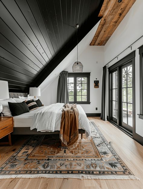 What Color Do You Paint A Sloped Ceiling? Slanted Ceiling Bedroom Paint Ideas, Dark Vaulted Ceiling Living Room, Painting Wooden Ceiling, Step Down Bedroom, Modern Chalet Bedroom, Over Garage Bedroom Ideas, Slanted Ceilings Bedroom, A Frame Wood Ceiling, Small Room Sloped Ceiling