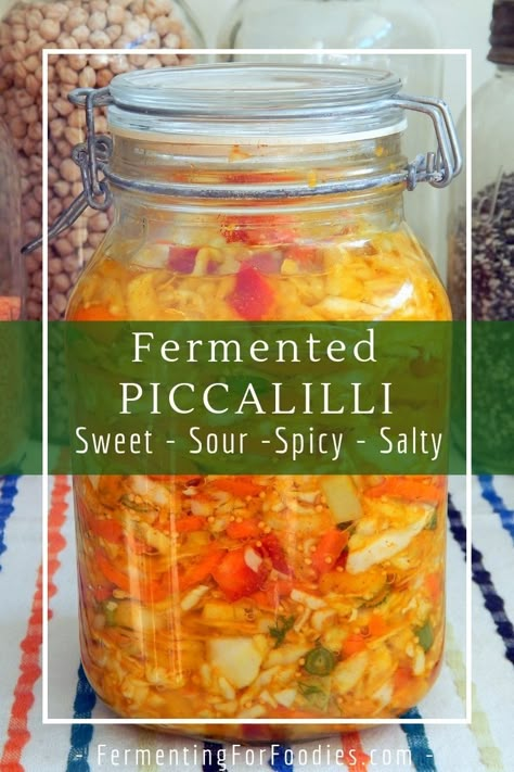 Piccalilli is a British version of an Indian-style relish. This piccalilli follows a sauerkraut-like ferment before adding honey and cider vinegar. It is a simple and probiotic condiment that is perfect in a cheese sandwich, served with dosas or at a BBQ.  #fermentedvegetables Piccalilli Recipes, Fermenting Recipes, Fermented Recipes, Fermented Vegetables Recipes, Monte Cristo Sandwich, Fermented Veggies, Fermented Cabbage, Fermentation Recipes, Fermented Vegetables