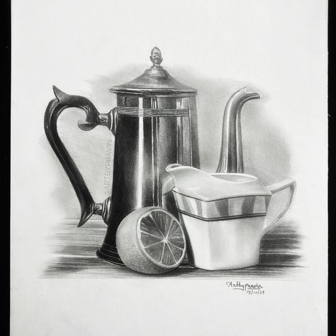 Still-Life Drawing🏺 (August Batch Live Class work) . Medium:- Graphite Size:- A4 Material used:- Graphite pencil, eraser, blending brush, A4 size Arto paper. . #stilllife #drawingoftheday #drawings #sketchbook #sketching #jug #cup #orange #artlover Still Life Sketch, Life Sketch, Blending Brush, Still Life Drawing, Pencil Eraser, Graphite Pencils, Life Drawing, A4 Size, Lovers Art