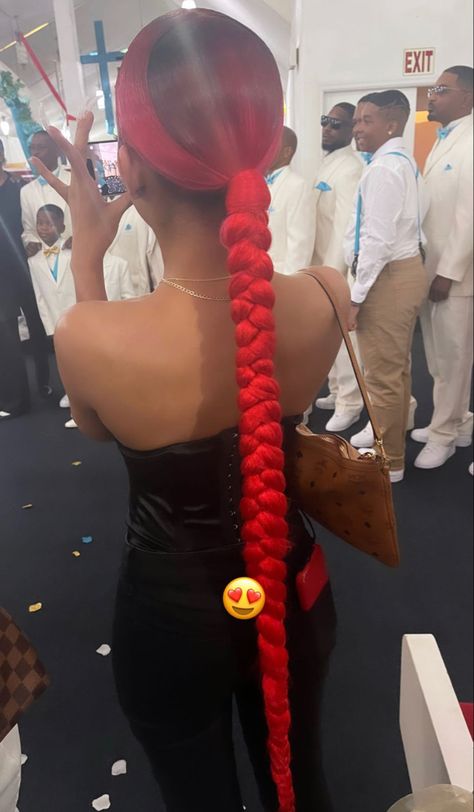 Pink Braided Ponytail, Red Braided Ponytail, 4 Braids Hairstyle, Black Girls Hairstyles Weave, Red Weave Hairstyles, Red Braids, Sleek Braided Ponytail, Pretty Hair Color, Slick Hairstyles