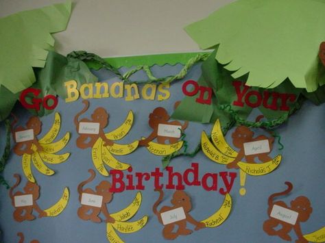 Monkey Theme Classroom | Monkey Theme Classroom - Bing Images | Kindergarten Board Preschool Ideas, Birthday Board Preschool, Birthday Board Ideas, Birthday Board Classroom, Jungle Theme Classroom, Birthday Bulletin Boards, Birthday Bulletin, Preschool Bulletin, Birthday Display