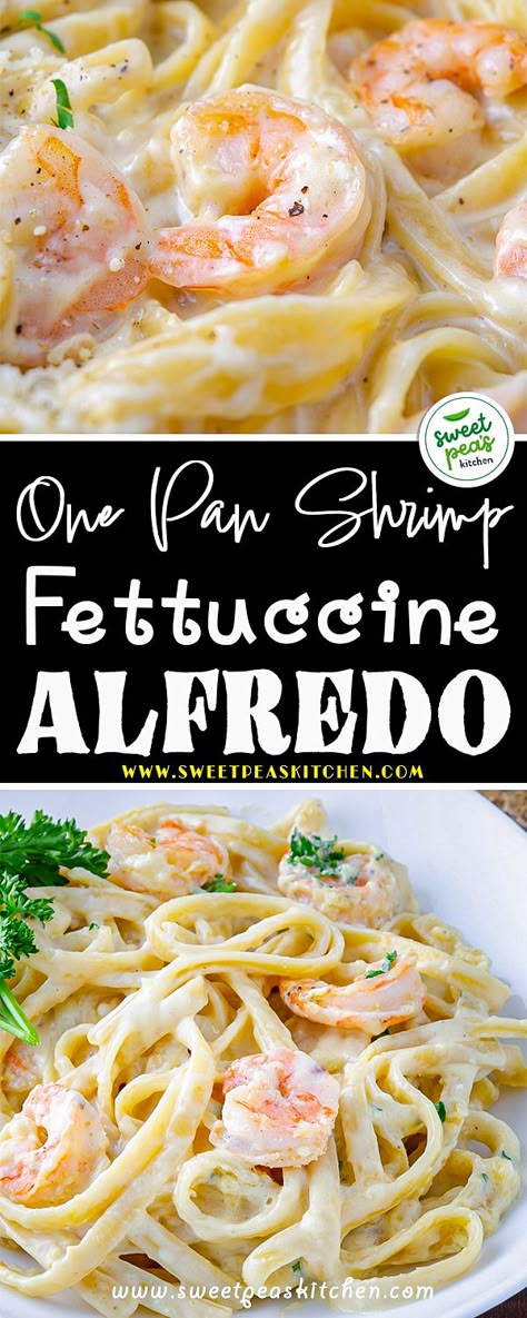 One Pan Shrimp Fettuccine Alfredo Sour Cream Pasta, Easy Shrimp Alfredo, Shrimp Alfredo Recipe, Shrimp Fettuccine Alfredo, Creamy Alfredo Sauce, Spinach Alfredo, Shrimp Fettuccine, Pan Shrimp, Fettuccine Noodles