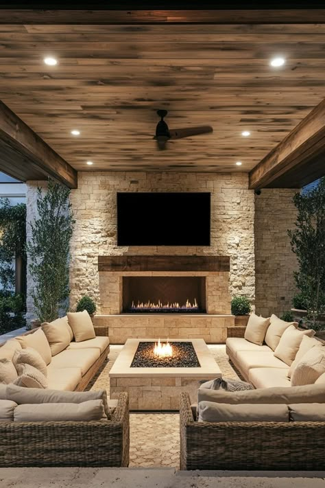 57 Outdoor Living Rooms for Cozy Gatherings Outdoor Entertaining Area With Fireplace, Outdoor Room With Fireplace, Outdoor Patio Tv Ideas, Luxury Patio Ideas, Tv Outside Patio, Deck Fireplace Ideas, Outdoor Covered Patio With Fireplace, Outdoor Fireplace Tv, Outdoor Fireplace Wall