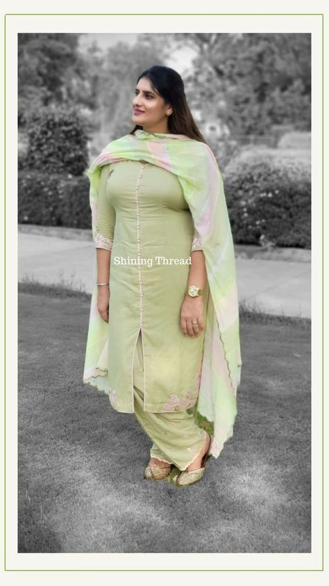 Light Green Suit, Salwar Kameez Casual, Salwar Kameez Neck Designs, Work On Sleeves, Simple Indian Suits, Patiala Suit Designs, Punjabi Suits Designer Boutique, Punjabi Suits Designer, Boutique Designs