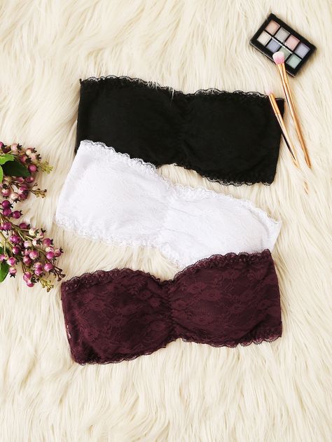 Ruched Floral Lace Bandeau Bra Set 3pack -SHEIN(SHEINSIDE) Lace Bandeau Bra, Latest Bra, Women Bras, Lace Bandeau, Bandeau Bra, Bra Types, Strapless Bra, Bra Women, Bra Set