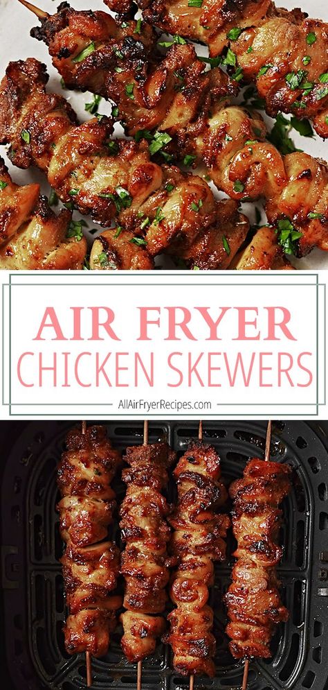 air fryer chicken skewers in an air fryer basket Air Fryer Chicken Skewers, Air Fryer Chicken Kabobs, Chicken Skewers In Air Fryer, Chicken Kebab Recipe, Lunch Sides, Chicken Skewer Recipe, Whole Chicken Recipes, Yummy Chicken, Kabob Recipes