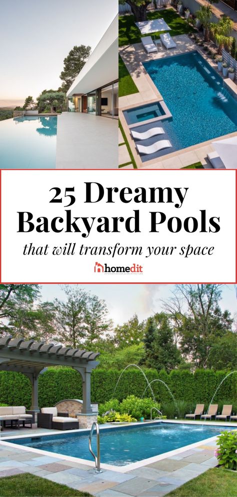 Discover the best pool landscaping and design inspiration for your backyard and yard! We’re sharing 25+ stunning pool design ideas for your outdoor space and outdoor living space. From lap, swimming, freeform, and Mediterranean pool ideas, we have all of the background pool ideas and inspiration for your outdoor oasis. Simple Backyard Pool Designs, Backyard Pool Design, Inground Pool Landscaping, Simple Pool, Pool Design Ideas, Rectangle Pool, Living Pool, Dream Backyard Pool, Amazing Backyard