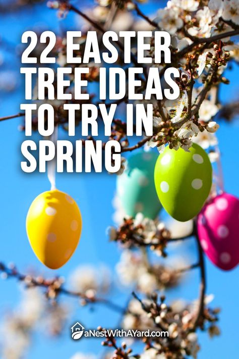 Looking for some inspiration to decorate Easter trees? Check out this list of 22 amazing Easter tree decoration ideas for your house! Spring Tree Ideas, Easter Egg Tree Outdoor, Easter Tree Ideas, Easter Tree Decorations Ideas, Easter Egg Tree Diy, Trees Budding In Spring, Egg Tree Topper, Budding Trees Spring, Tall Indoor Plants