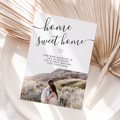 Home sweet home script modern photo moving announcement postcard Black White Typography, New Address Cards, Moving Announcement Postcard, New House Announcement, Moving Announcement, White Typography, Moving Announcements, New Address, Address Card