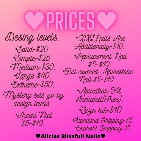 Alicias Blissfull nails 
Press on nails 
Price chart Nail License, Press On Nails Size, Nail Tech School, Shop Name Ideas, Acrylic Nail Supplies, Shape Chart, Business Nails, Nail Tutorial Videos, Nails Size