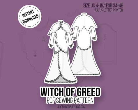 Makes a t-shirt with mao collar and long sleeves. A dress with crossed front, round collar and ¾ sleeves. A long wrapped skirt with a long train, and a leaf shaped capelet with high collar. The perfect pattern to cosplay the Witch of Greed. This is an ideal base to make your own costume or cosplay, perfect for those who have no time to make their own patterns but would like to create their own clothes in an easy way. A great start to make a stylish and comfortable dress to wear for your cosplay. Witch Dress Sewing Pattern, Witch Sewing Pattern, Echidna Cosplay, Goth Sewing Patterns, Cosplay Sewing Patterns, Medieval Sewing, Fashion Doodles, Cosplay Sewing, Make Your Own Costume