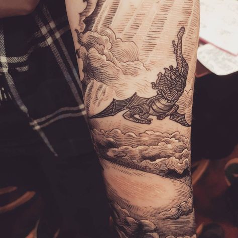 Gustav Dore Tattoo, Lucifer Falling From Heaven Tattoo, Paradise Lost Tattoo, Lucifer Falling From Heaven, Lucifer Falling Tattoo, Gustave Dore Tattoo, Lucifer Falling, Falling Angel Tattoo, Gustav Dore