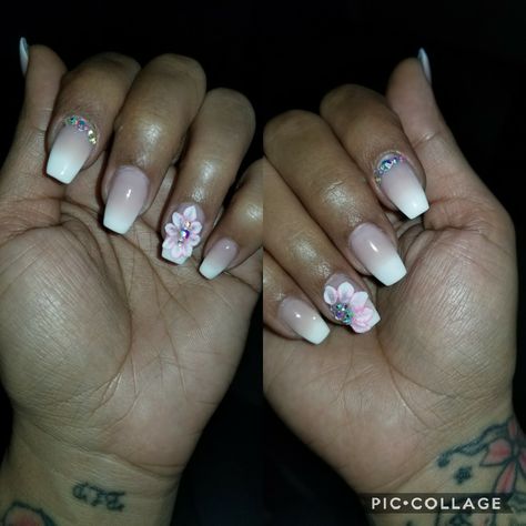 3d flower ombre pink and white nails White Ombre Nails With Flowers, Ombre With Flowers Nails, Shadow Flower Nail Art, Ombre Acrylic Nails With 3d Flower, Pink And White Ombre Nails With 3d Flowers, Pink Ombre, White Nails, Nail Art, Nails