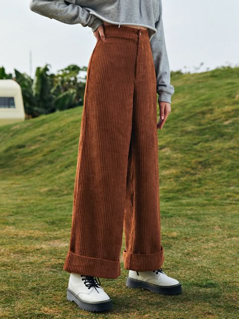 Zipper Fly Wide Leg Cord Pants | SHEIN USA Brown Pants Outfit, Corduroy Pants Outfit, Cord Pants, Wide Leg Pants Outfit, Big Pants, Celebrity Casual Outfits, Cord Trousers, Cords Pants, Brown Pants