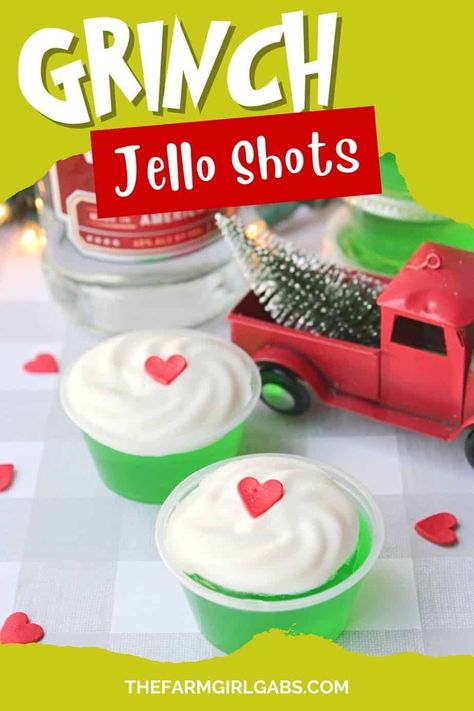 Get in the holiday spirit while celebrating a Christmas classic with these Grinch Jello Shots. They’re simple to make and fun to taste. This fun Christmas cocktail will definitely warm the Grinch's cold heart. Jello shots are a great addition to your Christmas party drink menu. Try this easy recipe at your next holiday party. Themed Jello Shots, Grinch Jello Shots, Heart Jello, Grinch Jello, Fun Christmas Cocktails, Easy Jello Shots, Grinch Drink, Jello Shots Recipe, Christmas Jello Shots