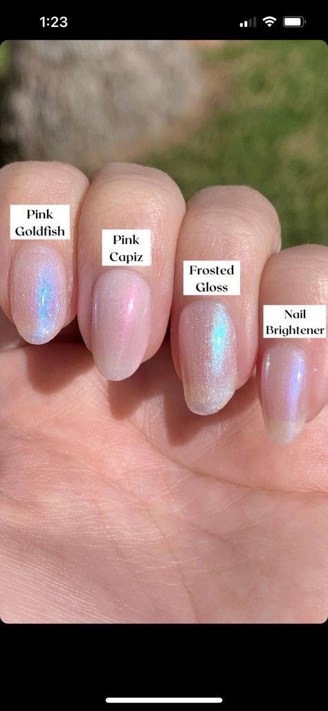 Nail Polish Combos, Simple Shellac Nails, Oyster Pearl Nail Color, Oyster Pearl Dip Nails, Peach Iridescent Nails, Olive And June Pink Goldfish, Olive And June Nail Ideas, Olive And June Swatches, Pink Goldfish Nails