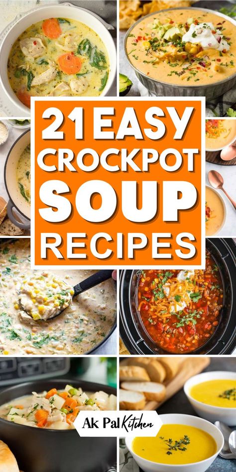 Discover comfort food recipes with our collection of easy and healthy crockpot soup recipes. From hearty crockpot stews to one-pot soup meals including vegetable and chicken soups, and creamy slow cooker chowders, these comforting and budget-friendly crockpot soups are perfect for fall and winter meals. Dive into the world of savory and delicious crockpot soup recipes that will fill your home with irresistible aromas. Fall Crock Pot Soup, Easy Healthy Fall Crockpot Meals, Crockpot Soup Recipes Healthy Winter, Easy Fall Crockpot Recipes Soup, Easy Soup Dinner Recipes, Soups In Crockpot Easy, Easy Fall Crockpot Soups, Fall Soup Crockpot Recipes, Soups For Fall And Winter