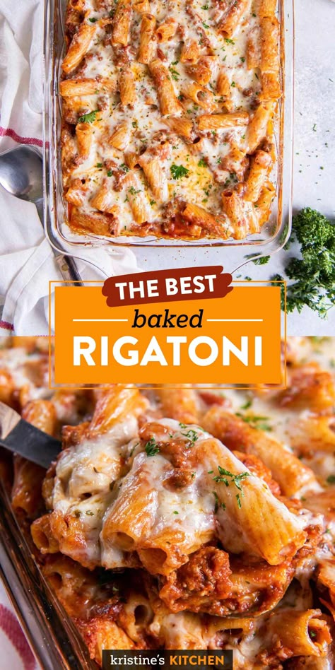 This Baked Rigatoni is an easy pasta bake recipe that's full of flavor! With ground beef, marinara sauce and cheese, it's quick to put together and then baked until hot and bubbly. Serve it with a salad and garlic bread for a meal the whole family will love. Rigatoni Ground Beef Recipes, Easy Pasta Bake, Baked Pasta Recipes Easy, Ground Beef Pasta Recipes, Rigatoni Recipes, Pasta Bake Recipe, Beef Pasta Recipes, Baked Rigatoni, Easy Pasta Dinner