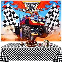 Monster Truck Backdrop, Birthday Monster Truck, Picnic Table Cover, Happy Birthday Words, Race Car Themes, Picnic Table Covers, Car Themed Parties, Monster Truck Party, Monster Trucks Birthday Party