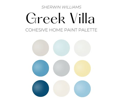 DIGITAL DOWNLOAD ONLY. NO PHYSICAL PAINT SAMPLES WILL BE SENT TO YOU. Introducing our Sherwin Williams Greek Villa Coastal color palette, featuring a serene blend of teal and light pink tones to transport you to the dreamy paradise of Greece. This collection of paint colors is perfect for creating a coastal-inspired vibe in your home, evoking the relaxed and laid-back vibe of the Greek Islands. Whether you're looking to paint a bedroom, living room, or even your front door, these hues will bring a touch of the beach to any room. With a mix of both cool and warm tones, this color palette is versatile and can be used in a variety of different design styles. So why not add a little bit of Greece to your home with our Sherwin Williams Greek Villa color palette today! Each color has been paired Sherwin Williams Greek Villa, Grey Paint Palette, Coastal Paint Palette, Whole House Color Palette, Greek Style Home, Greek Interior Design, Mediterranean Color Palette, Greek Villa Sherwin Williams, House Color Palette