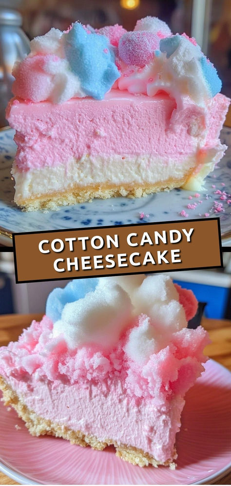 Treat yourself to this dreamy cotton candy cheesecake—creamy, sweet, and bursting with fun flavors for a magical dessert!  Ingredients:  1 ½ cups graham cracker crumbs 4 (8 oz) blocks cream cheese, softened ½ cup cotton candy, torn into small pieces ½ cup heavy cream (for topping) This delightful cheesecake combines the creamy richness of classic cheesecake with the whimsical sweetness of cotton candy, topped with fluffy whipped cream and extra cotton candy for a fun finish! Cherry Cordial Cheesecake, Recipes Made With Cream Cheese, Candy Stuffed Cake, Mountain Dew Cheesecake, Bubblegum Flavored Desserts, Fun Cheesecake Ideas, Cream Cheese Easy Dessert, Cotton Candy Cheesecake Recipes, Cotton Candy Flavored Things