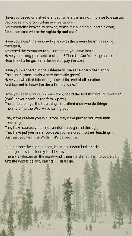 The Call of the Wild - Robert Service. "There's a whisper on the night-wind, There's a star agleam to guide us, And the Wild is calling, calling, Let us go." Call Of The Wild Quotes, Robert Service Poems, Earth Wisdom, Chic Cabin, Scottish Quotes, Quotes Writing, Mountain Quotes, Nature Poem, The Call Of The Wild