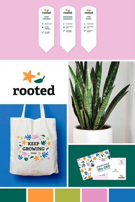 Brand identity for plant shop featuring green, pink, and blue inspired by Matisse. Plant Store Branding, Plant Shop Branding, Bee Treats, Garden Branding, Shop Branding Design, Plant Workshop, Graphic Designer Studio, Plant Store, Plant Logos