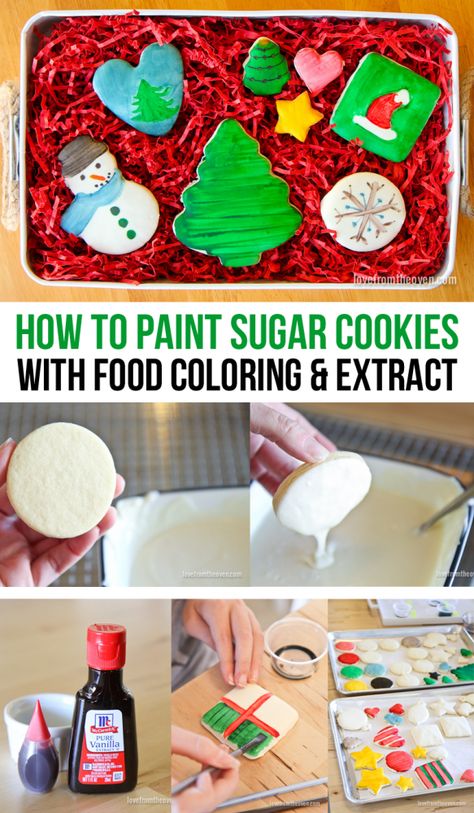 Painting Sugar Cookies With Food Coloring And Flavor Extracts.  This is so easy and would be SO fun to do with the kids.  #cookies Painting With Food Coloring, Painted Cookies Christmas, Painting Cookies With Food Coloring, Cookie Painting For Kids, Sugar Cookie Painting, Christmas Cookie Painting, Easy Cookie Decorating For Kids, Painting Sugar Cookies, Edible Paint For Cookies