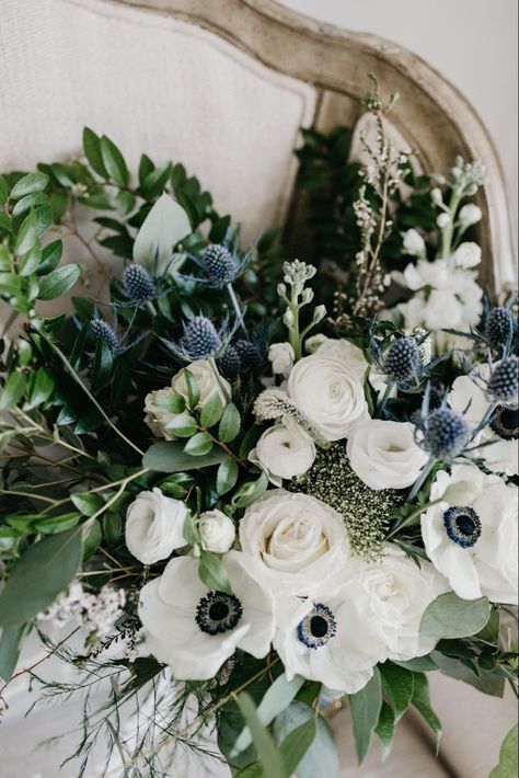 Navy And White Winter Wedding, White And Navy Flowers, Navy Blue Wedding Florals, Slate Blue Wedding Theme, Wedding Pallettes, Winter Bouquet Wedding, Spring Blue Wedding, Anemone Bridal Bouquet, Navy Wedding Bouquet