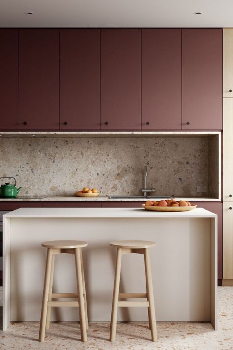 Pink Kitchen Cabinets, Pink Kitchen Designs, Marble Laminate, Modern Kitchen Colours, Laminate Kitchen Cabinets, Flat Furniture, Funky Kitchen, Bold Kitchen, Kitchen Design Color