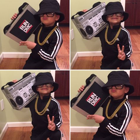 Run DMC costume Hip Hop Trunk Or Treat, Hip Hop Halloween Costumes, 80s Run Dmc Outfit, 90s Rapper Costume, 90s Halloween Costumes Hip Hop, Run Dmc Costume, Kids Hip Hop Outfits Boys, 90s Hiphop Fashion, 80s Workout Costume