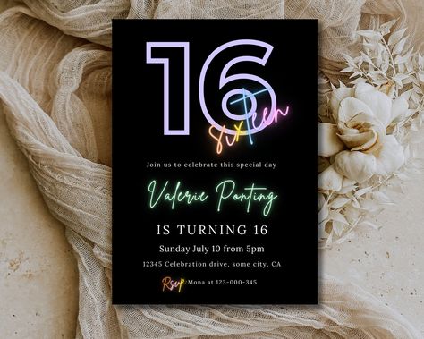 16th Birthday Invitation Girl, Neon Birthday Invites, Rainbow Teenager Birthday Party Template, Digital Download, Printable or Text Canva 57 by PaperDoodleCreation on Etsy Birthday Party Template, Teenage Birthday Party, Teenager Birthday, Neon Birthday, 16th Birthday Invitations, Party Template, Birthday Invites, Birthday Invitations Girl, Birthday Invite