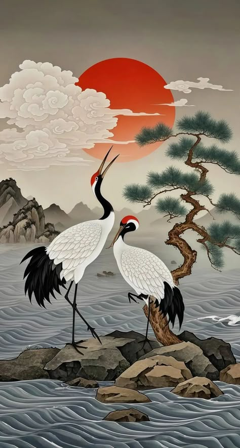 Crane Bird Wallpaper, Crane Painting Acrylic, Animal Print Illustration, Chinese Culture Art, Kerala Art, Japanese Culture Art, Tanjore Art, Chinese Art Painting, Painting Competition