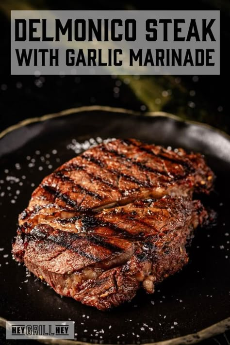 Delmonico steak with Garlic Marinade - Hey Grill, Hey Delmonico Steak Marinade, Delmonico Steak Recipes, Marinated Grilled Mushrooms, Beef Top Round Steak, Steak Marinade For Grilling, Delmonico Steak, Ways To Cook Steak, Hey Grill Hey, Top Round Steak