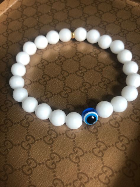 Evil Eye Protection Bracelet  8mm White Stretch Beaded Bracelet with Evil Eye and Gold Accents White Evil Eye Bracelet, White Beaded Bracelet, Evil Eye Protection, Evil Eyes, White Bracelets, Protection Bracelet, Eye Bracelet, Evil Eye Bracelet, Eye Protection