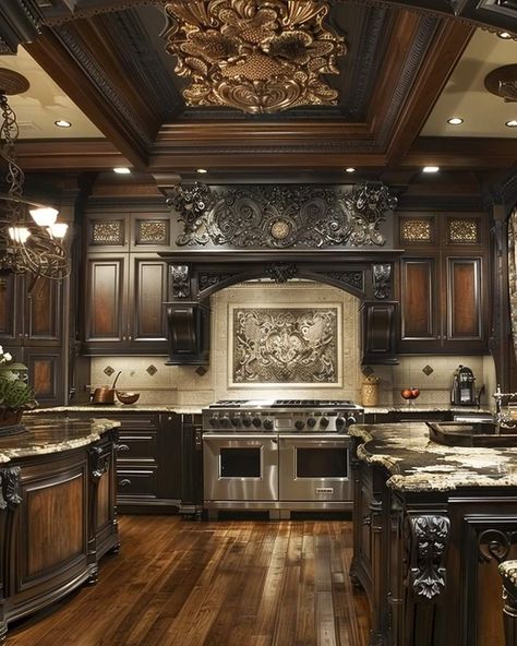 Victorian Mansion Interior Kitchen, Old New Kitchen, Old Mansion Kitchen, Victorian Homes Kitchen, Aesthetic Vintage House, Tuscany Kitchen Decor, Regal Kitchen, Mansion Kitchen, Luxury Kitchen Cabinets